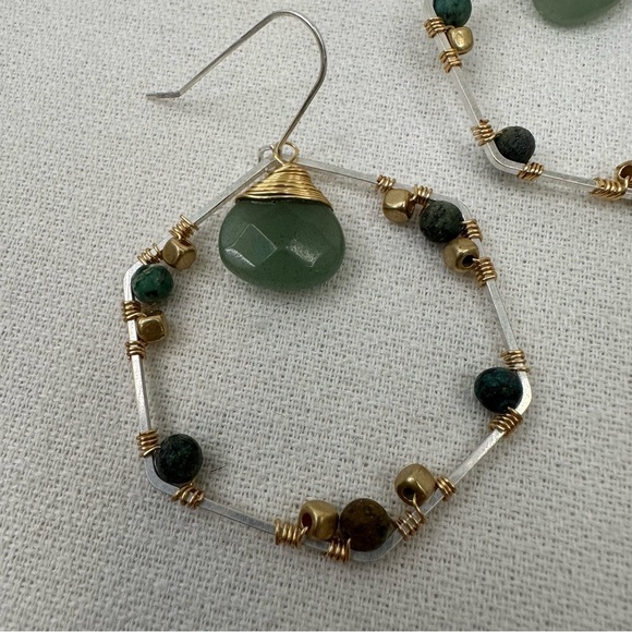 Hexagon Earrings Green Gold Silver Toned - Picture 3 of 7